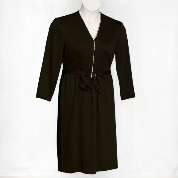 Vintage 70s Caron Petite Black Rhinestone Cocktail Dress 10P Bow Belt Retro Midi - Picture 2 of 10